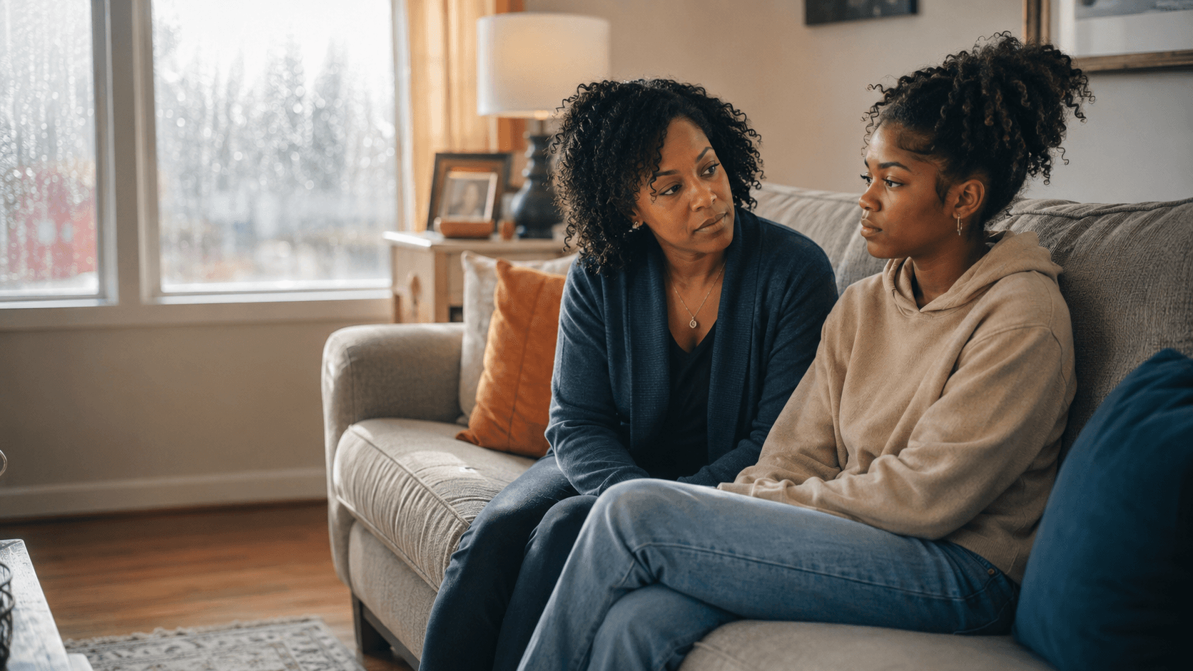A mother listening supportively to her teenage daughter at home